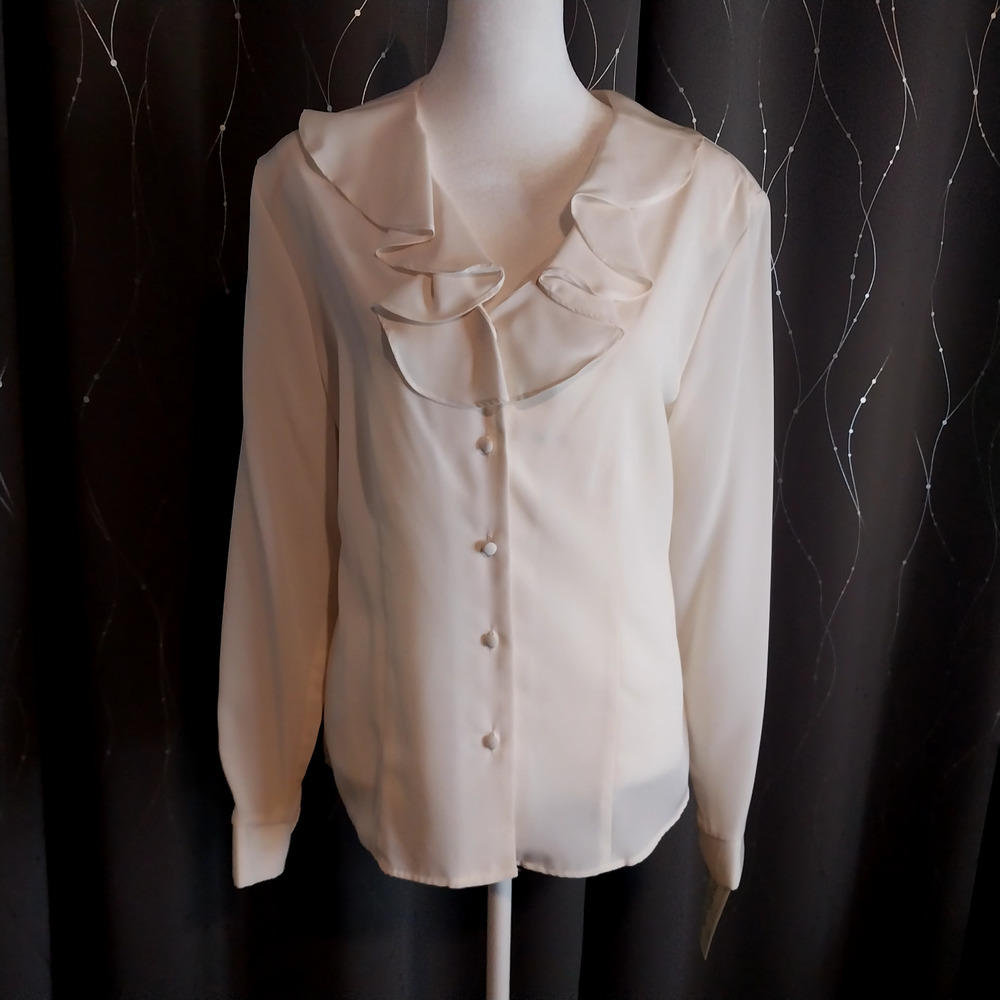 Modern Essentials Cream Ruffle V-Neck Button Front Blouse Ivory L /#3140 - Picture 3 of 4